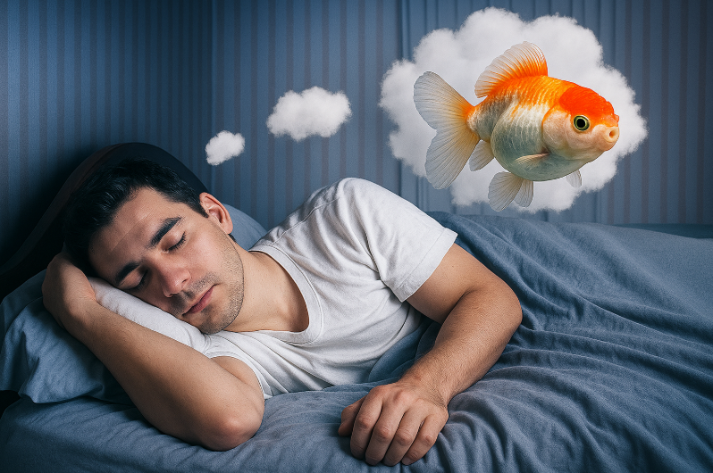 Hình minh họa một người đang mơ thấy cá rô bơi lội trong ao nước trong veo.