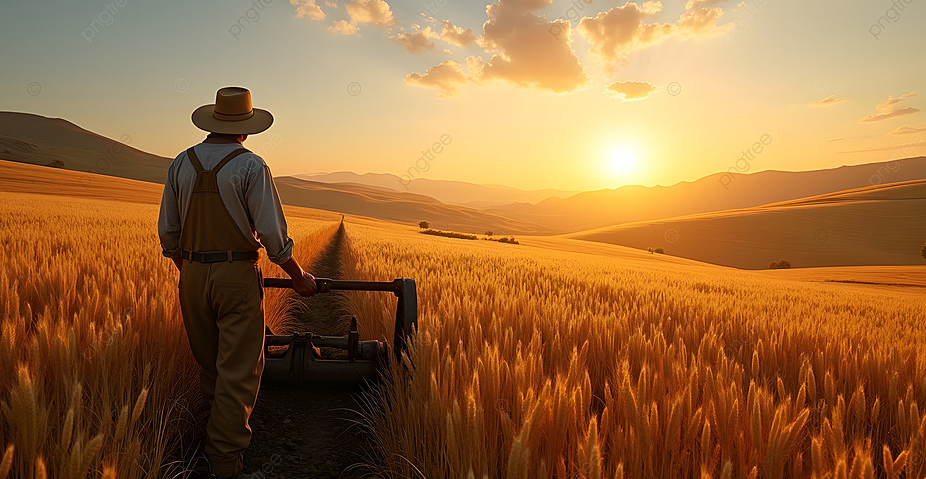 Hình người nông dân đứng giữa cánh đồng nhìn mặt trời mọc – biểu trưng cho khởi đầu thuận lợi.