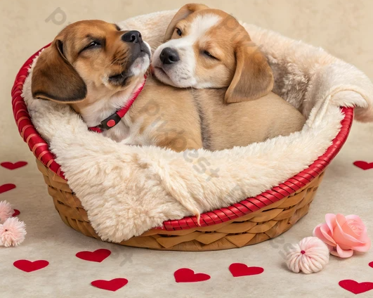 Hình đàn chó con nằm trong giỏ, ánh sáng ấm áp – tượng trưng cho niềm vui và hạnh phúc