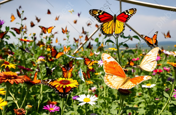 Hình ảnh một con bướm bay giữa vườn hoa rực rỡ.