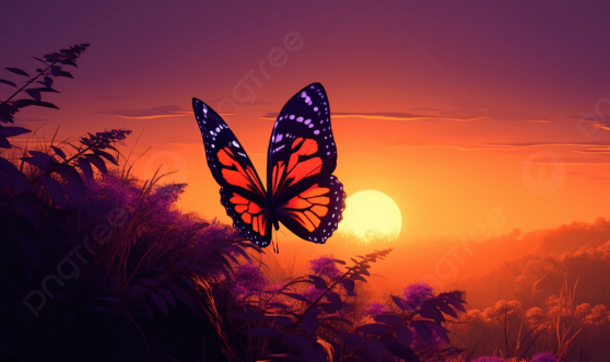 Bướm bay trong hoàng hôn, tượng trưng cho sự kết nối giữa hai thế giới.