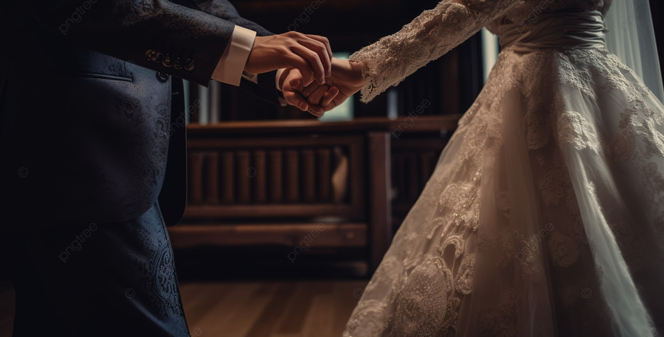 Hình ảnh cô dâu chú rể đang nắm tay trong lễ cưới – ánh sáng ấm áp, sang trọng