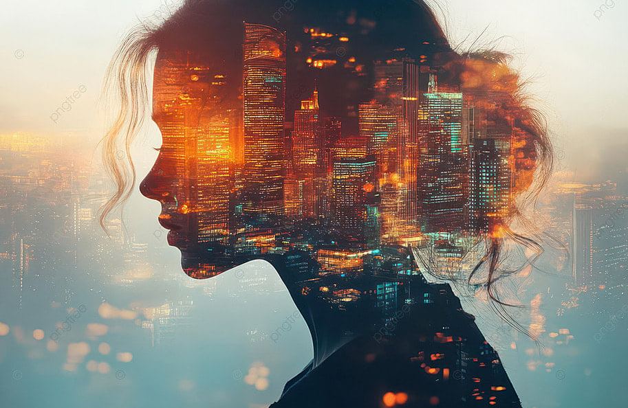 Một bức ảnh mô phỏng nhiều khung cảnh khác nhau trong mơ – sông nước, căn phòng, và hình bóng người phụ nữ mờ ảo.