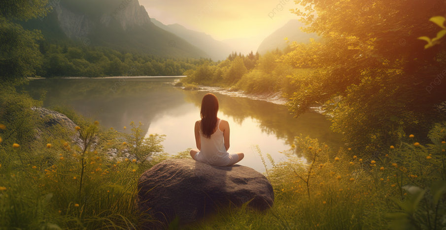 Một người đang ngồi thiền giữa không gian tĩnh lặng, ánh sáng dịu nhẹ chiếu xuống – biểu trưng cho sự khai sáng và bình an.