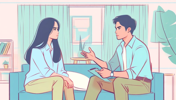 Hình vẽ tượng trưng đôi vợ chồng đang ngồi nói chuyện, hòa giải sau mâu thuẫn.