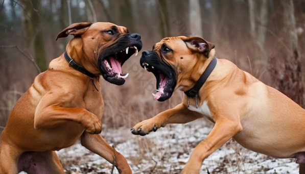 Ảnh minh họa hai con chó đang sủa nhau, một người đứng nhìn từ xa thể hiện sự quan sát.