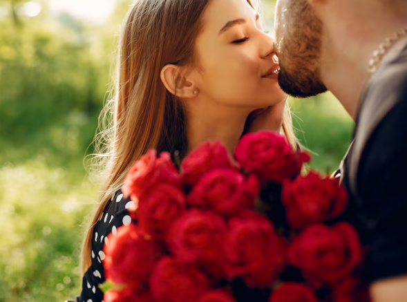 Một cặp đôi nắm tay bên bó hoa hồng đỏ tươi thắm, tượng trưng cho tình yêu.