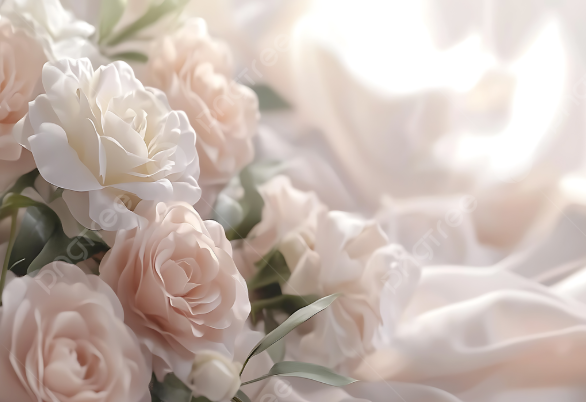 Cánh hoa hồng trắng mềm mại đặt trên nền vải lụa sáng, toát lên vẻ tinh khiết.