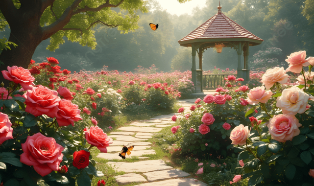 Một khu vườn hoa hồng rực rỡ với nhiều màu sắc hòa quyện, tượng trưng cho cuộc sống tươi đẹp.