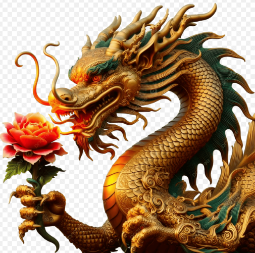 Hình ảnh hoa hồng nở rộ cùng biểu tượng rồng bạch kim tỏa sáng, tượng trưng cho tài lộc và tình yêu viên mãn.