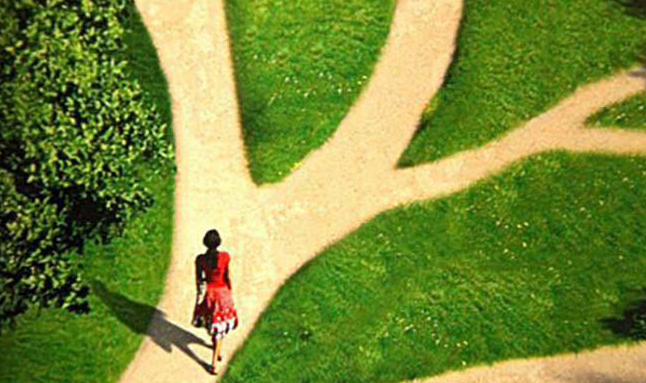 Một người đứng trước ngã ba đường, thể hiện sự lựa chọn và quyết tâm tiến bước.