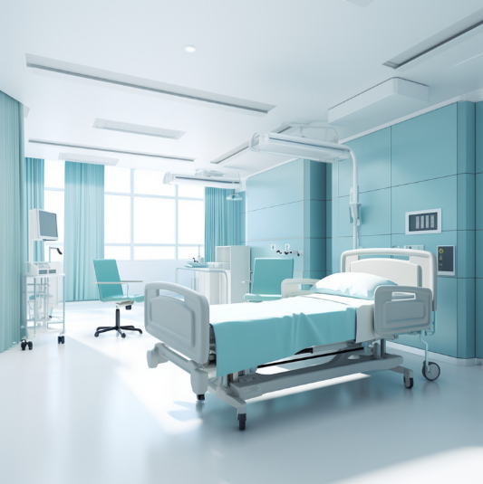 Một khung cảnh bình yên, ánh sáng bao phủ giường bệnh trống, tượng trưng cho sự giải thoát và khởi đầu mới.