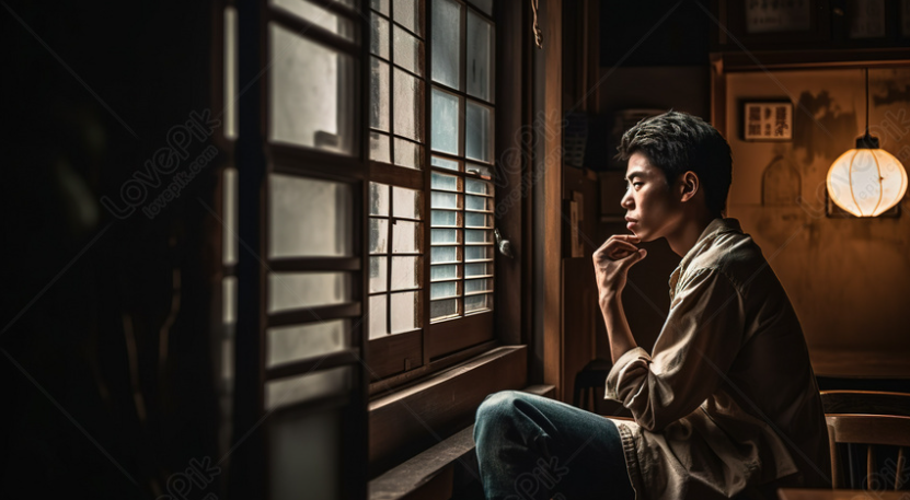 Cảnh người mơ đang ngồi suy tư, ánh sáng chiếu qua khung cửa sổ – biểu tượng của sự thức tỉnh và thay đổi.