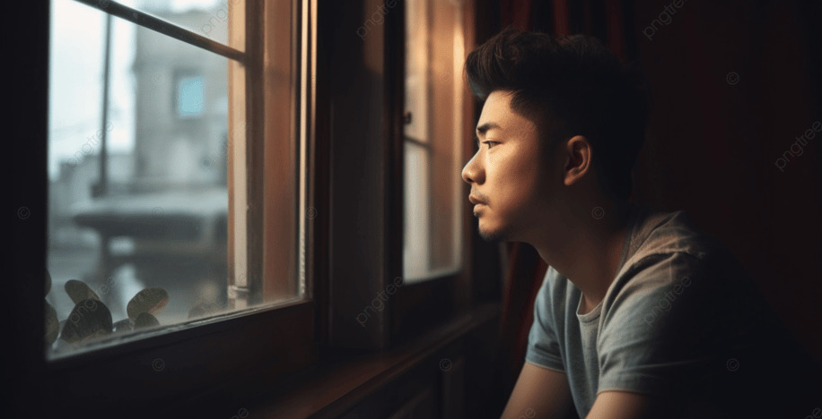 Một người đàn ông đứng bên cửa sổ trong ánh sáng mờ – khung hình mang cảm giác mơ hồ và bí ẩn.