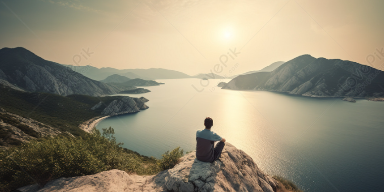 Một khung cảnh bình yên – người đàn ông ngồi bên hồ nước, nhìn xa xăm, thể hiện sự suy tư.