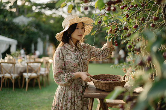 Ảnh người phụ nữ hái quả chín đỏ, thể hiện niềm vui và sự hài lòng với kết quả đạt được.