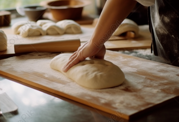 Người đang nhào bột, nướng bánh trong lò, ánh sáng ấm áp phản chiếu lên khuôn mặt đầy niềm vui.