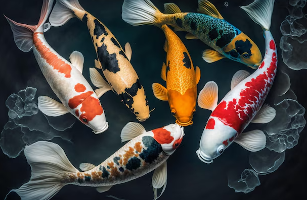 Ao cá đầy màu sắc, người bắt cá cười tươi, biểu trưng cho thịnh vượng và vui vẻ.