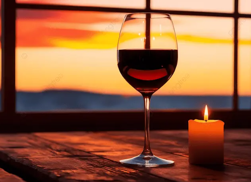 Cận cảnh ly rượu vang đỏ trên bàn gỗ, phản chiếu ánh sáng lung linh, gợi cảm giác sang trọng.